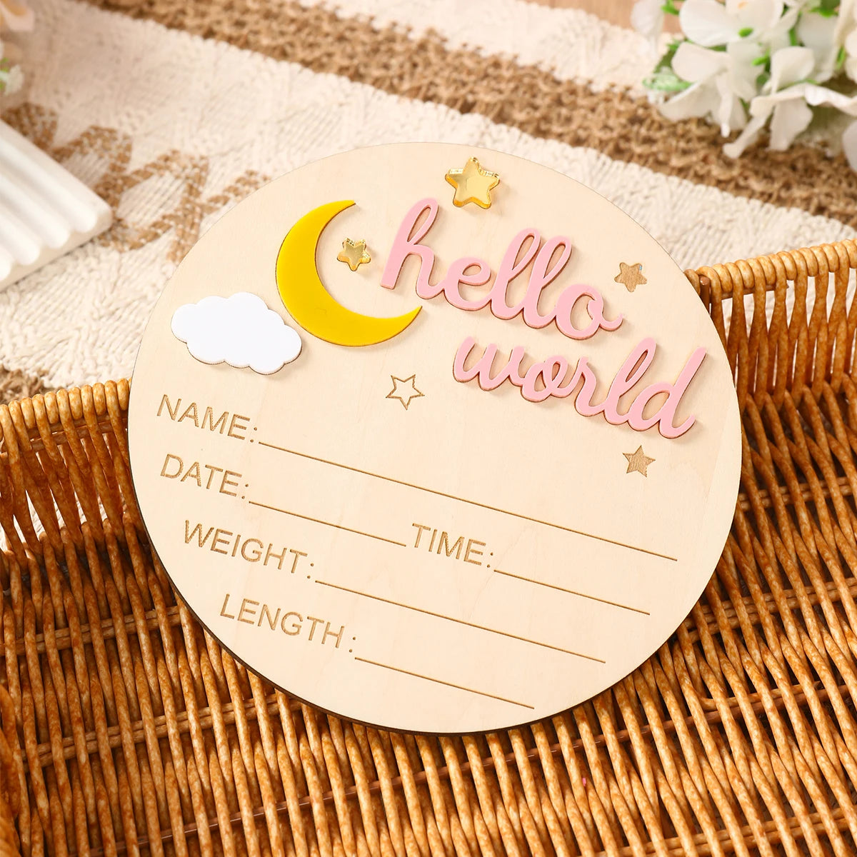 Pancarte Annonce de Naissance en Bois - Plaque Décorative Hello World pour Bébé