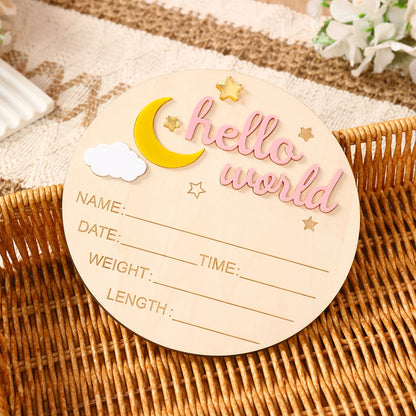 Pancarte Annonce de Naissance en Bois - Plaque Décorative Hello World pour Bébé