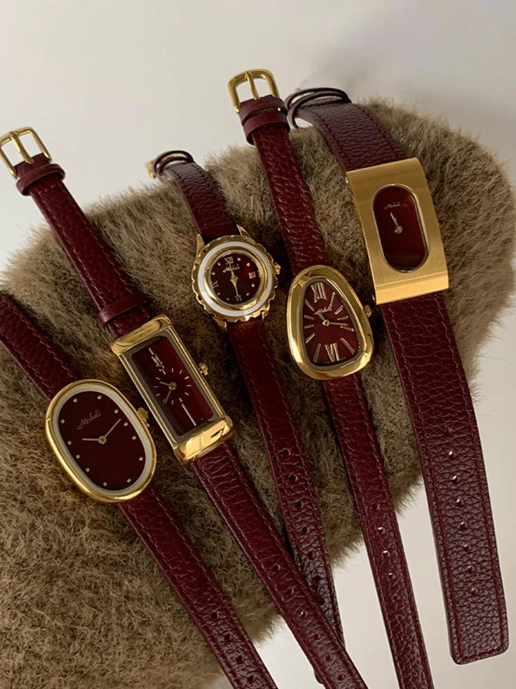 Montre Élégante Femme - Bracelet Cuir Rouge Bordeaux