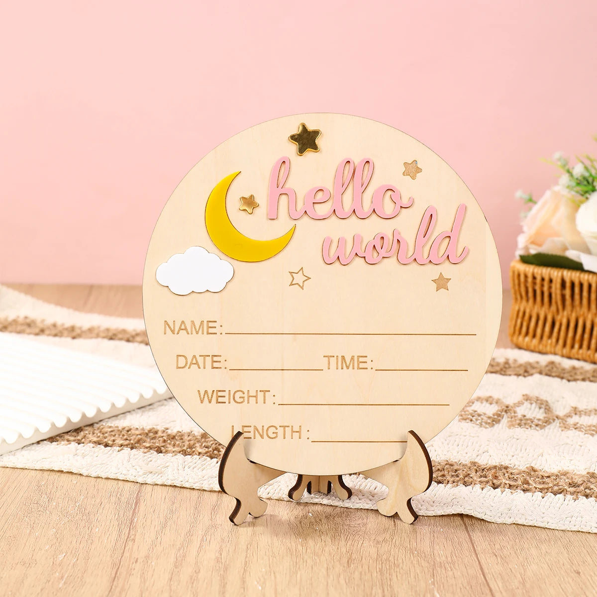 Pancarte Annonce de Naissance en Bois - Plaque Décorative Hello World pour Bébé