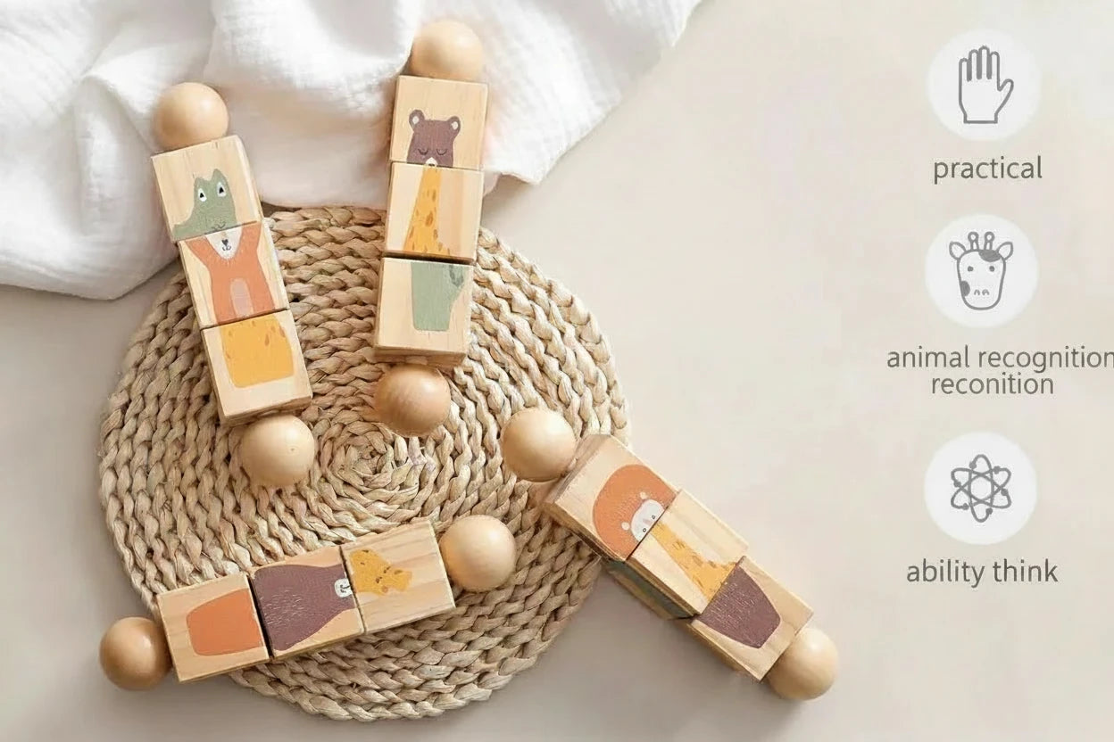 Hochet d'Éveil en Bois Naturel - Jouet Rotatif Animaux pour Bébé