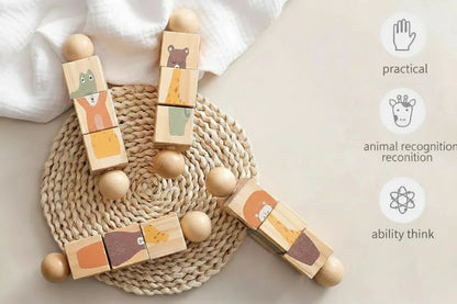 Hochet d'Éveil en Bois Naturel - Jouet Rotatif Animaux pour Bébé