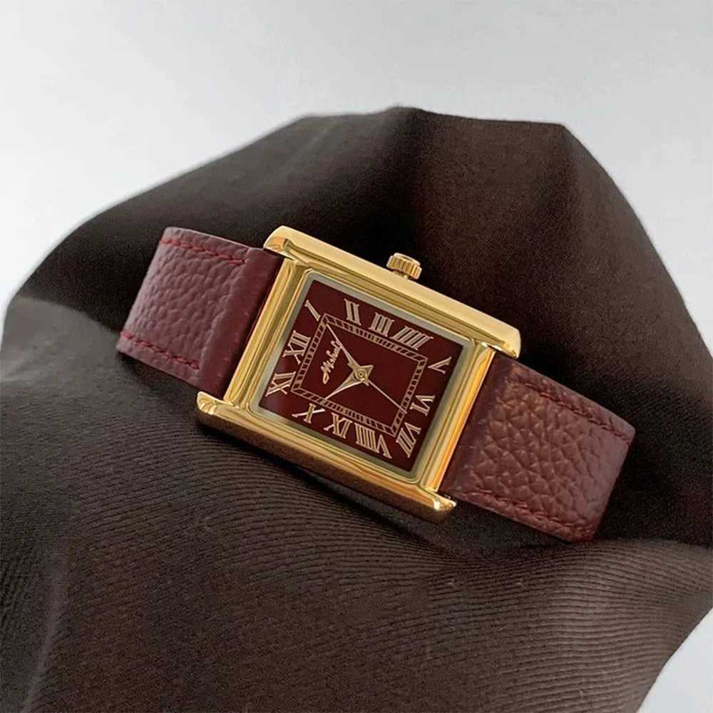 Montre Élégante Femme - Bracelet Cuir Rouge Bordeaux