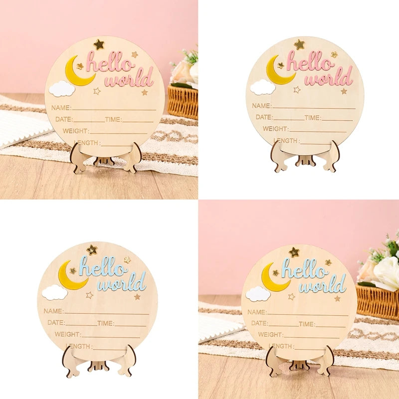 Pancarte Annonce de Naissance en Bois - Plaque Décorative Hello World pour Bébé