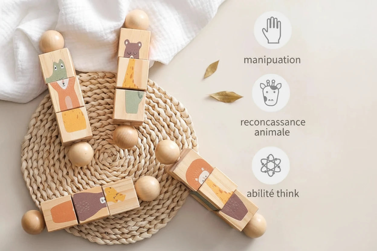 Hochet d'Éveil en Bois Naturel - Jouet Rotatif Animaux pour Bébé