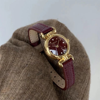 Montre Élégante Femme - Bracelet Cuir Rouge Bordeaux