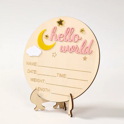 Pancarte Annonce de Naissance en Bois - Plaque Décorative Hello World pour Bébé