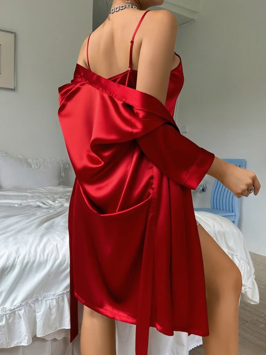 Ensemble Déshabillé Kimono Soie Glacée - Nuisette Élégante 2 Pièces pour Femme