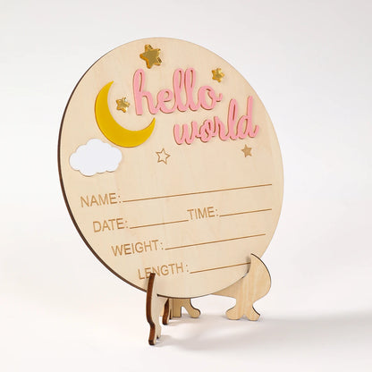 Pancarte Annonce de Naissance en Bois - Plaque Décorative Hello World pour Bébé