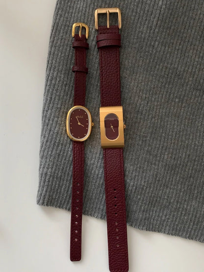 Montre Élégante Femme - Bracelet Cuir Rouge Bordeaux