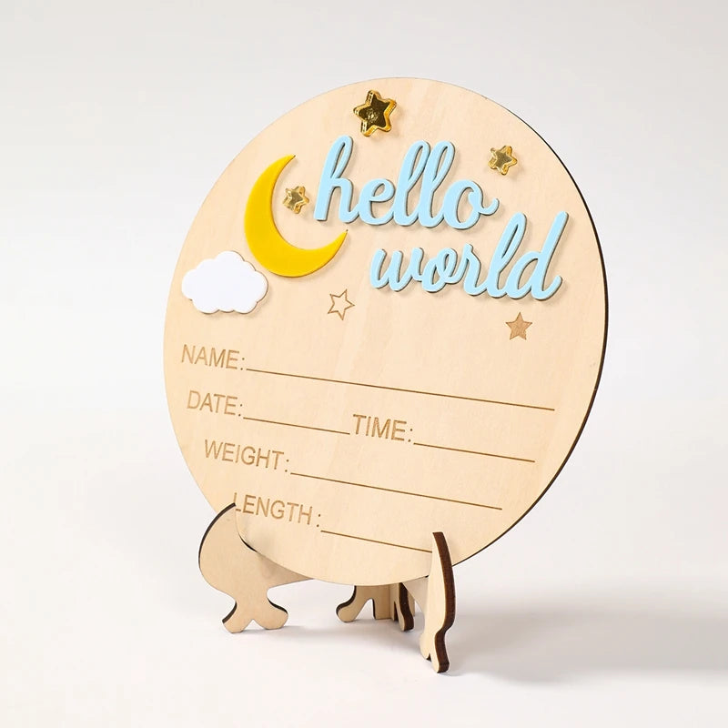 Pancarte Annonce de Naissance en Bois - Plaque Décorative Hello World pour Bébé