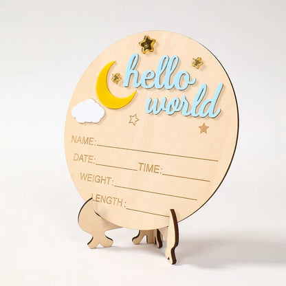 Pancarte Annonce de Naissance en Bois - Plaque Décorative Hello World pour Bébé