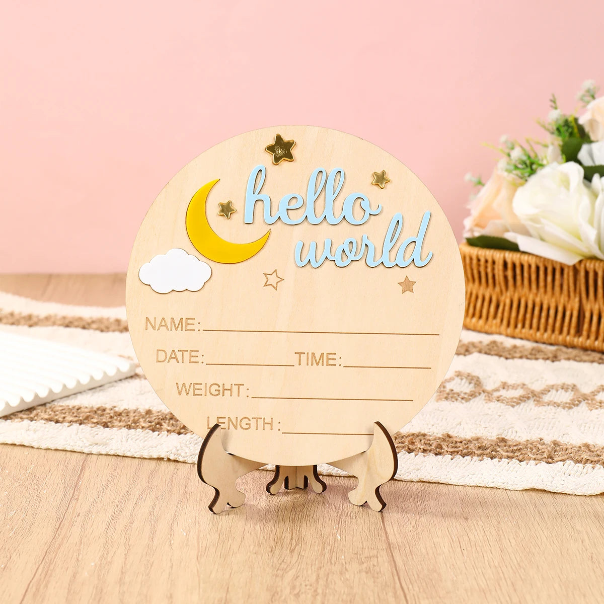 Pancarte Annonce de Naissance en Bois - Plaque Décorative Hello World pour Bébé