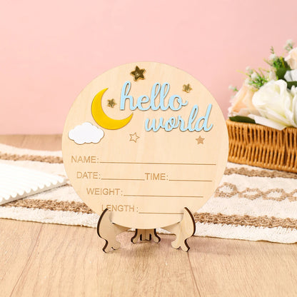 Pancarte Annonce de Naissance en Bois - Plaque Décorative Hello World pour Bébé