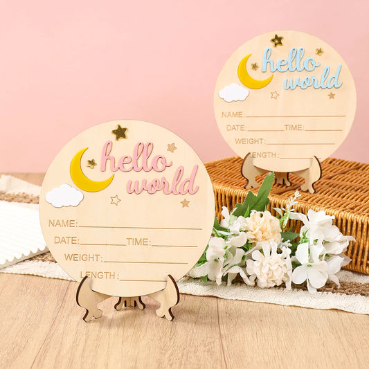 Pancarte Annonce de Naissance en Bois - Plaque Décorative Hello World pour Bébé