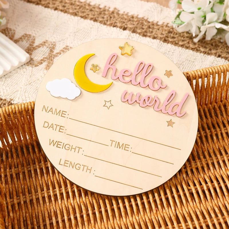Pancarte Annonce de Naissance en Bois - Plaque Décorative Hello World pour Bébé