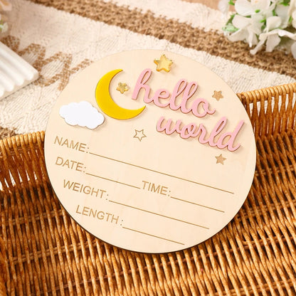 Pancarte Annonce de Naissance en Bois - Plaque Décorative Hello World pour Bébé
