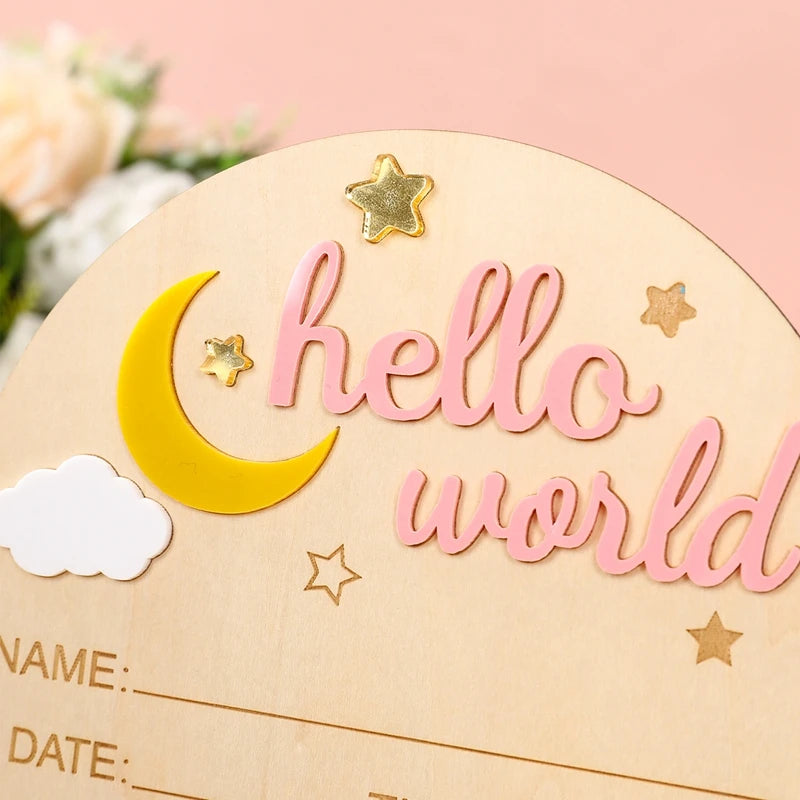Pancarte Annonce de Naissance en Bois - Plaque Décorative Hello World pour Bébé