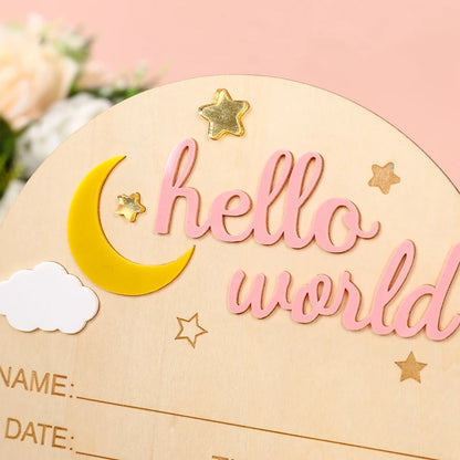 Pancarte Annonce de Naissance en Bois - Plaque Décorative Hello World pour Bébé