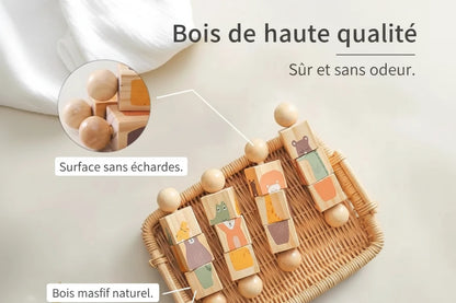 Hochet d'Éveil en Bois Naturel - Jouet Rotatif Animaux pour Bébé