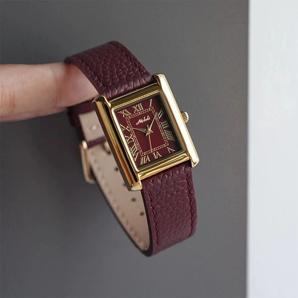 Montre Élégante Femme - Bracelet Cuir Rouge Bordeaux