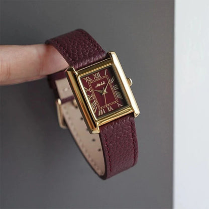 Montre Élégante Femme - Bracelet Cuir Rouge Bordeaux