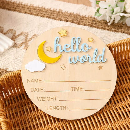 Pancarte Annonce de Naissance en Bois - Plaque Décorative Hello World pour Bébé