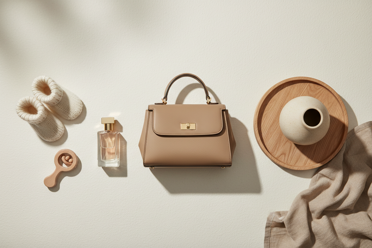 Une scène élégante et minimaliste en tons beige et crème représentant trois univers :
	1.	un petit accessoire pour bébé (chaussons, bavoir ou hochet en bois),
	2.	un accessoire femme raffiné (sac beige, parfum ou bijoux en or),
	3.	un élément déco maison (vase en céramique, linge de maison, plateau en bois).
L’image doit être harmonieuse, lumineuse, artistique et haut de gamme, style photographie professionnelle flatlay.